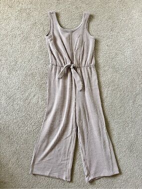 Girl’s Striped Sleeveless Jumpsuit - Taupe & White
